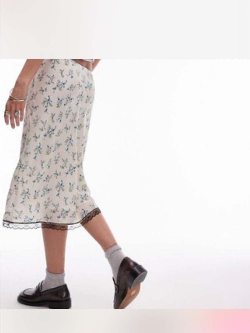 90’s style Topshop Cream Slip Skirt with Blue Floral Print and Black Lace Trim